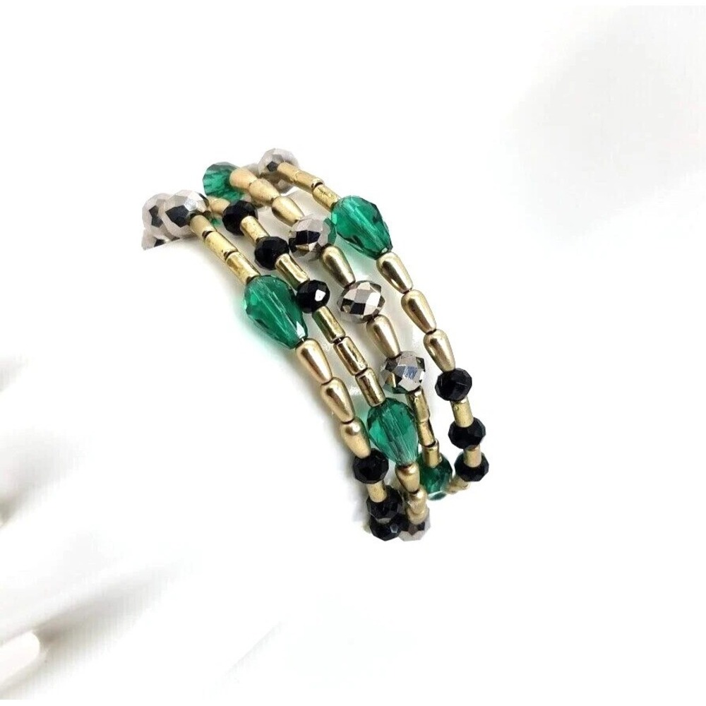 Fashion Beaded Memory Wire Coil Bracelet Green Black Gold Tone Multi Strand Wrap